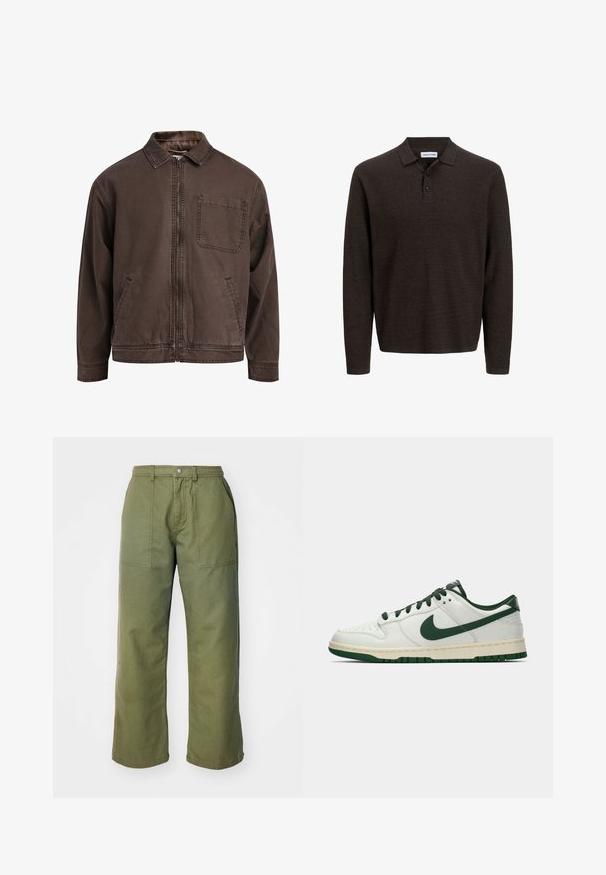 Rudas zip-up švarkas pagamintas iš patvarios medžiagos; turi apykaklę, ilgomis rankovėmis, priekinėmis kišenėmis ir viena krūtinės kišene.; Rudas ilgas rankovės polo marškinėliai, pagaminti iš tekstūruoto audinio. Su klasikinio tipo apykakle ir trimis į priekį užsegamais mygtukais. Atsipalaidavęs siluetas su gumuotomis rankovėmis.; Olivinės žalios spalvos plačios kelnės, pagamintos iš tvirto audinio, su užtrauktuku, priekinėmis kišenėmis ir paprastais siuvimo akcentais.; Balti žemi sportbačiai su tamsiai žaliu Nike swoosh, raišteliais ir padu, rodomi šoniniame profilyje ant baltos fono.