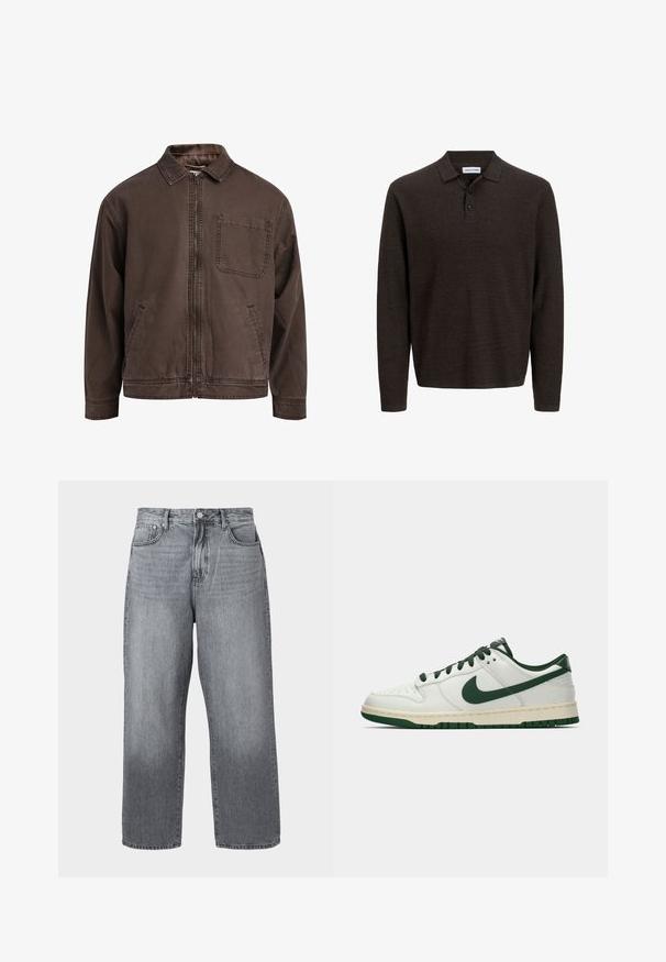 Ruskea, vetoketjullinen takki, joka on valmistettu kestävästä kankaasta; siinä on kaulus, pitkät hihat, etutaskut ja yksi rintatasku.; Ruskea pitkähihainen poolopaita, joka on valmistettu teksturoidusta materiaalista. Ominaisuuksiin kuuluu klassinen kaulus ja kolme etunappia. Rennon mallinen, jossa on ribattu hihansuu.; Harmaat farkut leveällä lahkeella, korkealla vyötäröllä, viidellä taskulla ja metallisoljella. Kangas näyttää hieman haalistuneelta helman kohdalla.; Valkoiset matalat tennarit, joissa tummanvihreä Nike-swoosh, nauhat ja pohjan korostukset, esitettynä profiilista yksinkertaisella valkoisella taustalla.