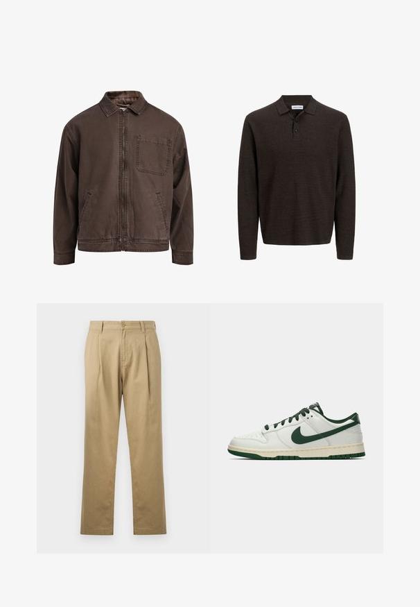Brown, zip-up jacket made of durable fabric; features a collar, long sleeves, front pockets, and a single chest pocket.; Brown long-sleeve polo shirt made of textured fabric. Features a classic collar and three front buttons. Casual fit with ribbed cuffs.; Beige chinos with a straight leg, pleated front, and button closure. Smooth texture and standard waistband design.; White low-top sneaker with dark green Nike swoosh, laces, and sole accents, shown in profile on a plain white background.