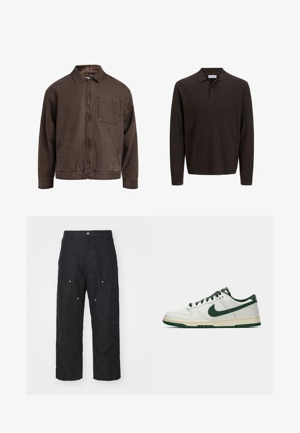 Rjava jakna na zadrgo, izdelana iz vzdržljivega blaga; ima ovratnik, dolge rokave, sprednje žepe in en žep na prsih.; Rjava polo majica z dolgimi rokavi, izdelana iz teksturirane tkanine. Ima klasičen ovratnik in tri sprednje gumbe. Ohlapen kroj z rebrastimi manšeti.; Črne hlače iz teksturirane tkanine, z visokim pasom, ohlapnim krojem in sprednjimi žepi s srebrenimi pritiskači.; Beli nizki športni copat z temno zelenim Nike žigom, vezalnimi trakovi in akcenti na podplatu, prikazan v profilu na praznem belem ozadju.