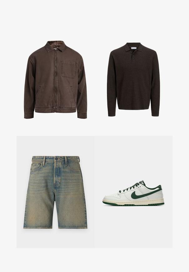 Chaqueta marrón con cremallera hecha de tela duradera; cuenta con un cuello, mangas largas, bolsillos frontales y un único bolsillo en el pecho.; Polo de manga larga marrón hecho de tela texturizada. Presenta un cuello clásico y tres botones en la parte delantera. Corte casual con puños acanalados.; Pantalones cortos de mezclilla en azul claro con un lavado desvanecido. Incluye cinco bolsillos, cierre de cremallera, botón y costuras resistentes a lo largo de los bordes.; Zapatilla de deporte blanca de caña baja con el swoosh de Nike en verde oscuro, lazadas y acentos en la suela, mostrada de perfil sobre un fondo blanco liso.