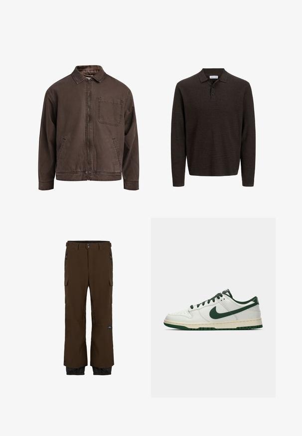 Braune, mit Reißverschluss verschlossene Jacke aus strapazierfähigem Material; sie verfügt über einen Kragen, lange Ärmel, frontale Taschen und eine einzelne Brusttasche.; Braunes Langarm-Poloshirt aus strukturiertem Stoff. Mit klassischem Kragen und drei vorderen Knöpfen. Freizeitlicher Schnitt mit gerippten Bündchen.; Braune wasserdichte Hose mit schwarzen Akzenten. Verfügt über Cargo-Taschen, eine mit Reißverschluss gesicherte Tasche und elastische Bündchen. Hergestellt aus strapazierfähigem Material.; Weiße Low-Top-Sneaker mit dunkelgrüner Nike-Swoosh, Schnürsenkeln und Akzenten an der Sohle, im Profil auf einem schlichten weißen Hintergrund abgebildet.