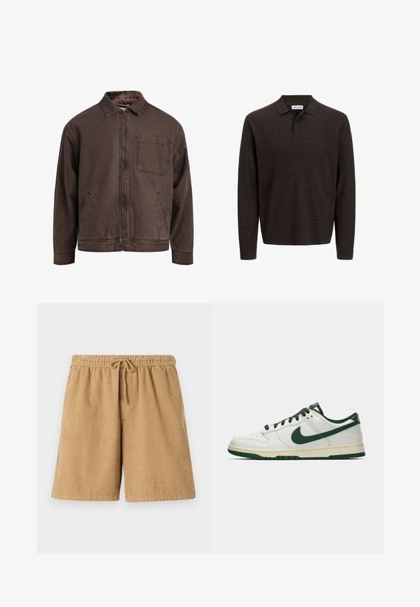 Brown, zip-up jacket made of durable fabric; features a collar, long sleeves, front pockets, and a single chest pocket.; Brown long-sleeve polo shirt made of textured fabric. Features a classic collar and three front buttons. Casual fit with ribbed cuffs.; Brown corduroy shorts with an elastic waistband and drawstring. Features vertical ridges and side pockets. Short length and casual design.; White low-top sneaker with dark green Nike swoosh, laces, and sole accents, shown in profile on a plain white background.