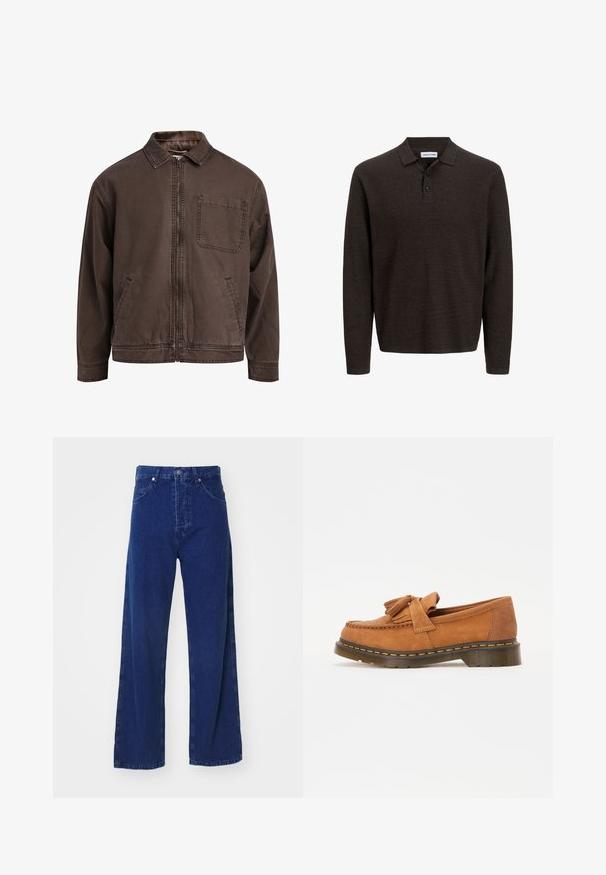Chaqueta marrón con cremallera hecha de tela duradera; cuenta con un cuello, mangas largas, bolsillos frontales y un único bolsillo en el pecho.; Polo de manga larga marrón hecho de tela texturizada. Presenta un cuello clásico y tres botones en la parte delantera. Corte casual con puños acanalados.; Jeans de mezclilla azul de pierna ancha y cintura alta, con bolsillos frontales y cierre de botón. Textura suave y detalles de costura mínimos.; Mocasines de ante marrón con un acento de lazo con borlas, presentan una punta redondeada y una suela gruesa y estriada con detalles de costura en naranja.