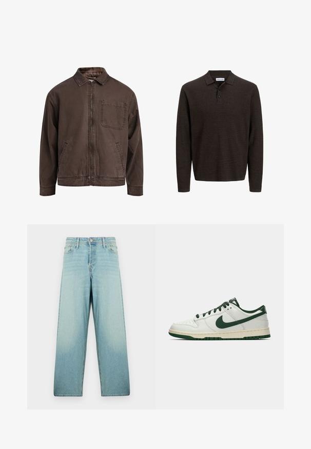 Brūns, ar rāvējslēdzēju aizverams džakers, kas izgatavots no izturīga auduma; tam ir apkakle, garas piedurknes, priekšējās kabatas un viena krūškabata.; Brūns garām piedurknēm polo krekls, kas izgatavots no teksturētas auduma. Tam ir klasiskā apkakle un trīs priekšējie pogas. Brīva piegriezte ar ribotām aprocēm.; Gaiši zili platā kāju džinsi, izgatavoti no denima ar izbalējušu apdari. Iespējas: priekšējā pogu aizdare un piecu kabatu dizains.; Balti zemāko tenisa apavu ar tumši zaļu Nike swoosh, auklām un zoles akcentiem, parādīti profila skatījumā uz vienkrāsaina baltā fona.