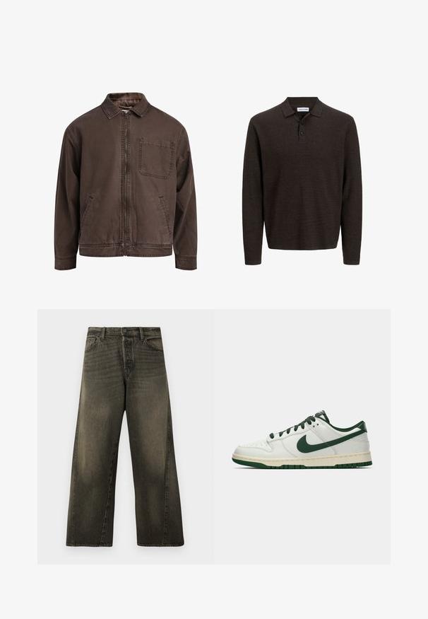 Rudas zip-up švarkas pagamintas iš patvarios medžiagos; turi apykaklę, ilgomis rankovėmis, priekinėmis kišenėmis ir viena krūtinės kišene.; Rudas ilgas rankovės polo marškinėliai, pagaminti iš tekstūruoto audinio. Su klasikinio tipo apykakle ir trimis į priekį užsegamais mygtukais. Atsipalaidavęs siluetas su gumuotomis rankovėmis.; Aukštai įsibėgėję, plačiais kojomis juodi nusidėvėję džinsai su priekyje esančiu mygtuku ir užtrauktuku bei standartinėmis priekinėmis kišenėmis.; Balti žemi sportbačiai su tamsiai žaliu Nike swoosh, raišteliais ir padu, rodomi šoniniame profilyje ant baltos fono.