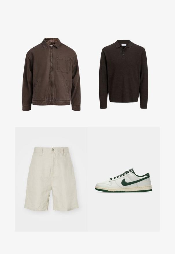 Chaqueta marrón con cremallera hecha de tela duradera; cuenta con un cuello, mangas largas, bolsillos frontales y un único bolsillo en el pecho.; Polo de manga larga marrón hecho de tela texturizada. Presenta un cuello clásico y tres botones en la parte delantera. Corte casual con puños acanalados.; Pantalones cortos de lino en beige claro, con una cintura alta, cierre de botones y bolsillos laterales. Textura suave con un corte relajado.; Zapatilla de deporte blanca de caña baja con el swoosh de Nike en verde oscuro, lazadas y acentos en la suela, mostrada de perfil sobre un fondo blanco liso.