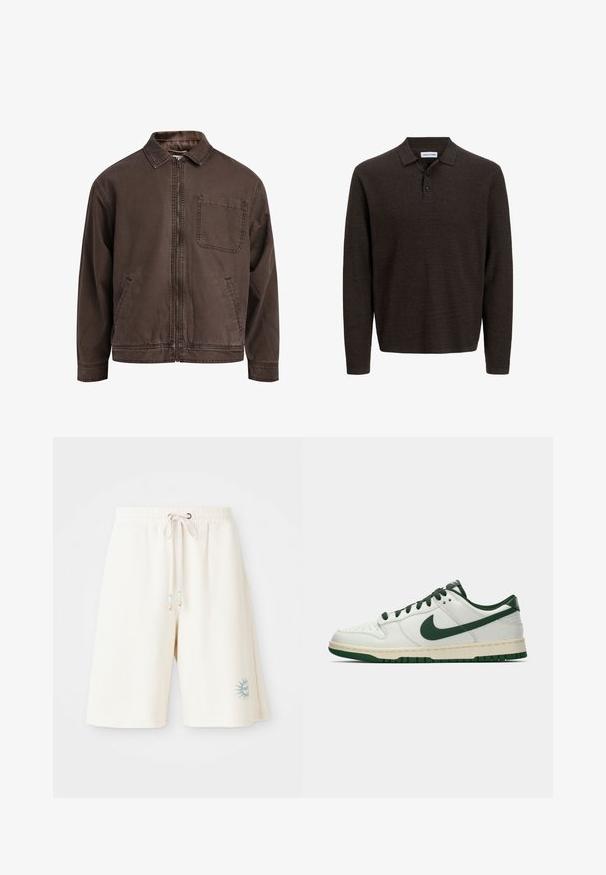 Rudas zip-up švarkas pagamintas iš patvarios medžiagos; turi apykaklę, ilgomis rankovėmis, priekinėmis kišenėmis ir viena krūtinės kišene.; Rudas ilgas rankovės polo marškinėliai, pagaminti iš tekstūruoto audinio. Su klasikinio tipo apykakle ir trimis į priekį užsegamais mygtukais. Atsipalaidavęs siluetas su gumuotomis rankovėmis.; Šviesiai kreminės šortai, pagaminti iš tekstūruoto audinio, su elastine juosta, reguliuojamu raiščiu ir atspausdintu saulės dizainu kairėje kojoje.; Balti žemi sportbačiai su tamsiai žaliu Nike swoosh, raišteliais ir padu, rodomi šoniniame profilyje ant baltos fono.