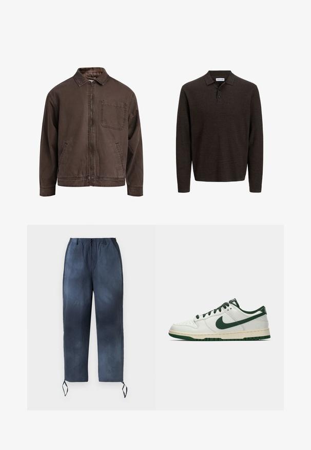 Brown, zip-up jacket made of durable fabric; features a collar, long sleeves, front pockets, and a single chest pocket.; Brown long-sleeve polo shirt made of textured fabric. Features a classic collar and three front buttons. Casual fit with ribbed cuffs.; Navy blue drawstring pants with elastic waistband, two side pockets, and ankle ties displayed against a white background.; White low-top sneaker with dark green Nike swoosh, laces, and sole accents, shown in profile on a plain white background.