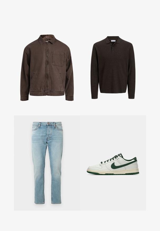 Brązowa, zapinana na zamek kurtka z wytrzymałego materiału; posiada kołnierz, długie rękawy, przednie kieszenie oraz jedną kieszeń na piersi.; Brązowa, długosleeveowa koszulka polo z teksturowanej tkaniny. Posiada klasyczny kołnierzyk i trzy guziki z przodu. Casualowy krój z prążkowanymi mankietami.; Jasnoniebieskie dżinsy o prostym kroju, pięć kieszeni, z delikatnym wyblaknięciem. Zapięcie na guzik w talii, czyste wykończenie dołów.; Białe sneakersy niskie z ciemnozielonym logo Nike, sznurowadłami i akcentami na podeszwie, pokazane z profilu na jednolitym białym tle.