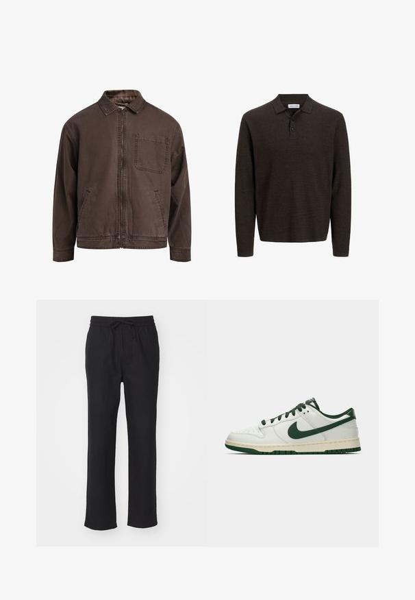 Bruine, ritssluitingjas gemaakt van duurzaam stof; heeft een kraag, lange mouwen, voorzakken en een enkele borstzak.; Bruine lange mouwen polo-shirt gemaakt van textuurstof. Beschikt over een klassieke kraag en drie knopen aan de voorkant. Casual pasvorm met geribde manchetten.; Zwarte, rechte broek van zacht materiaal met een elastische tailleband en verstelbaar koord. Geen zakken of zichtbare patronen.; Witte lage sneakers met een donkergroene Nike swoosh, veters en accentkleuren op de zool, weergegeven in profiel op een effen witte achtergrond.