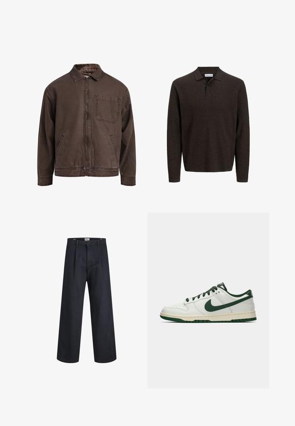 Hnědá bunda na zip vyrobená z odolné látky; má límec, dlouhé rukávy, přední kapsy a jednu kapsu na hrudi.; Hnědá polokošile s dlouhým rukávem vyrobená z texturované tkaniny. Má klasický límec a tři přední knoflíky. Uvolněný střih s žebrovanými manžetami.; Tmavě modré kalhoty s širokými nohavicemi vyrobené z tkané látky, s knoflíkovým zapínáním a skládáním na přední straně. Hladká textura, bez viditelných vzorů.; Bílé nízké tenisky s tmavě zeleným logem Nike, tkaničkami a akcenty podešve, zobrazené v profilu na čistě bílém pozadí.