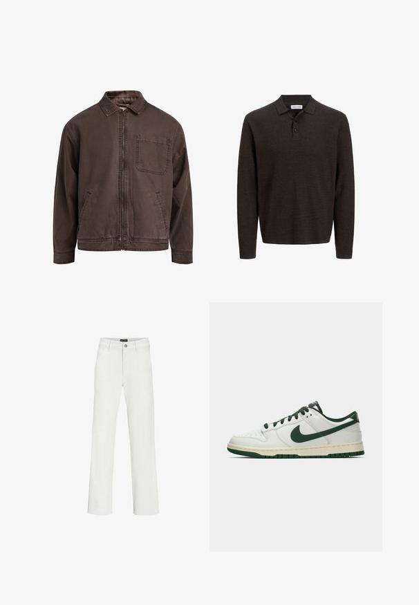 Rjava jakna na zadrgo, izdelana iz vzdržljivega blaga; ima ovratnik, dolge rokave, sprednje žepe in en žep na prsih.; Rjava polo majica z dolgimi rokavi, izdelana iz teksturirane tkanine. Ima klasičen ovratnik in tri sprednje gumbe. Ohlapen kroj z rebrastimi manšeti.; Bele hlače širokega kroja, izdelane iz bombažnega blaga, z zapiranjem na gumb spredaj, s pasom za pas in dvema stranskima žepoma.; Beli nizki športni copat z temno zelenim Nike žigom, vezalnimi trakovi in akcenti na podplatu, prikazan v profilu na praznem belem ozadju.