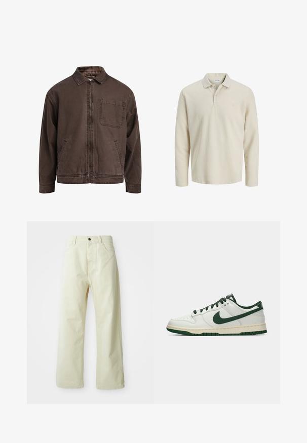 Hnědá bunda na zip vyrobená z odolné látky; má límec, dlouhé rukávy, přední kapsy a jednu kapsu na hrudi.; Béžová polokošile s dlouhým rukávem vyrobená z texturované tkaniny, s límečkem, zapínáním na tři knoflíky a tónovým logem na prsou.; Svetle žluté kalhoty s širokými nohavicemi z denimu, s předním zapínáním na knoflíky, pěti kapsami a rovnými, nezdobenými nohavicemi.; Bílé nízké tenisky s tmavě zeleným logem Nike, tkaničkami a akcenty podešve, zobrazené v profilu na čistě bílém pozadí.