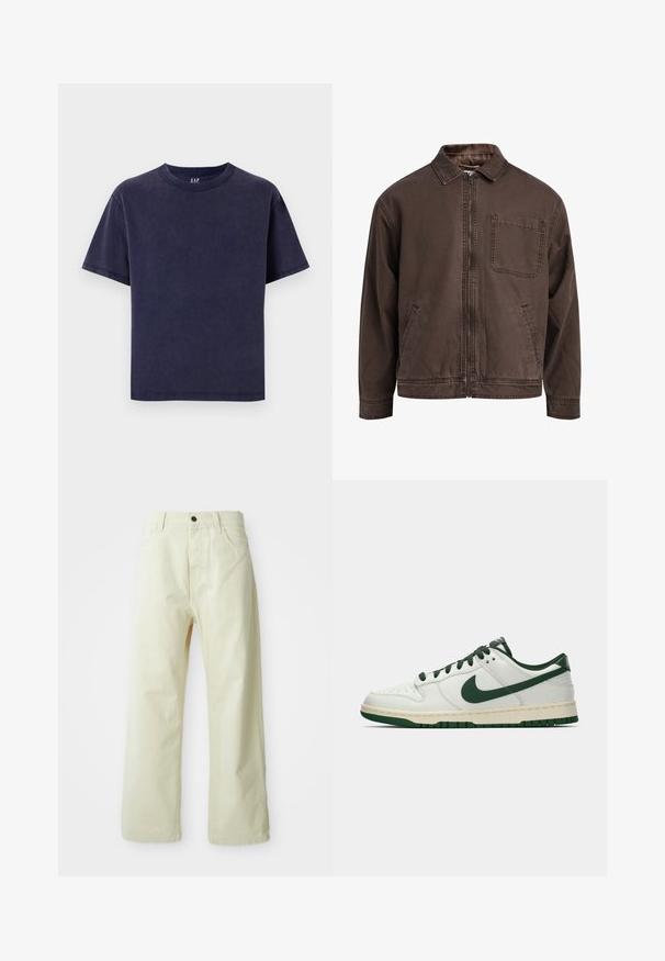 Rudas zip-up švarkas pagamintas iš patvarios medžiagos; turi apykaklę, ilgomis rankovėmis, priekinėmis kišenėmis ir viena krūtinės kišene.; Jūros mėlynos spalvos medvilninė marškinėliai su apvaliu iškirpimu, trumpomis rankovėmis ir laisvu siluetu. Turi vientisą spalvą ir jokios matomos raštos ar akcentai.; Šviesiai geltoni, platūs džinsiniai kelnes su priekiniais mygtukais, penkiais kišenėmis ir tiesia, nepuošta dizainu.; Balti žemi sportbačiai su tamsiai žaliu Nike swoosh, raišteliais ir padu, rodomi šoniniame profilyje ant baltos fono.