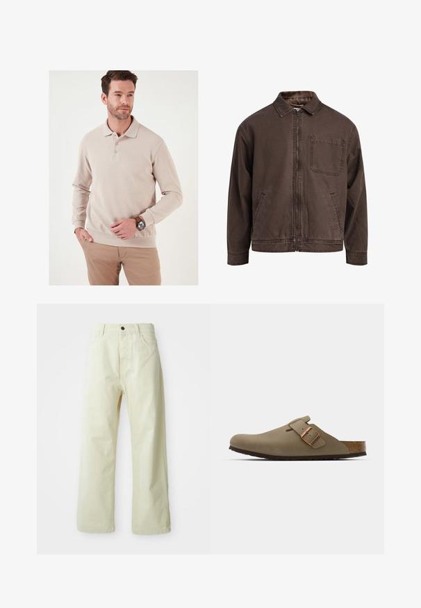 Smeđa jakna na zip od izdržljive tkanine; sadrži ovratnik, duge rukave, prednje džepove i jedan džep na prsima.; Bež košulja s dugim rukavima od pamučnog pletiva, s tri gumba i prilagođenim donjim rubom. Uparena s svijetlim hlačama i satom.; Svijetložute široke traperice s prednjim kopčanjem na gumbe, pet džepova i ravnim, jednostavnim dizajnom.; Smeđi drvenjaci s glatkom, mat površinom. Imaju istaknut brončani kopču s jedne strane. Korkana unutrašnjost i gumeni potplat za udobnost.