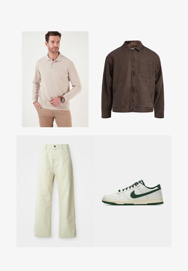 Ruskea, vetoketjullinen takki, joka on valmistettu kestävästä kankaasta; siinä on kaulus, pitkät hihat, etutaskut ja yksi rintatasku.; Beige pitkähihaine polo paita, jossa on raidallinen pinta, kolmen napin placket ja istuva helma. Yhdistetty vaaleisiin housuihin ja kelloon.; Vaaleankeltaiset, leveälahkeiset farkut, joissa on etunappikiinnitys, viisi taskua ja suora, koristelematon muotoilu.; Valkoiset matalat tennarit, joissa tummanvihreä Nike-swoosh, nauhat ja pohjan korostukset, esitettynä profiilista yksinkertaisella valkoisella taustalla.