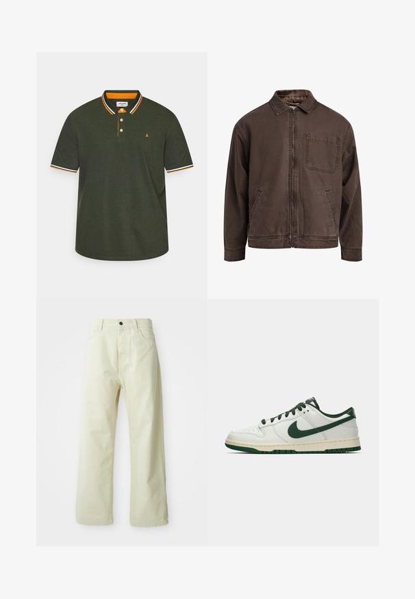 Barna, cipzáras dzseki, tartós anyagból készült; gallérral, hosszú ujjakkal, elülső zsebekkel és egyetlen mellzsebbel rendelkezik.; Sötétzöld pólóing, narancssárga és fehér csíkos gallérral, háromgombos kivágással és kis logóval a mellkasán.; Világos sárga, bő szárú farmernadrág, elöl gombos záródással, öt zsebbel és egyenes, díszítetlen kialakítással.; Fehér, alacsony szárú sneaker sötétzöld Nike swoosh-zsal, fűzőkkel és talp kiemelésekkel, profilból bemutatva egy sima fehér háttér előtt.