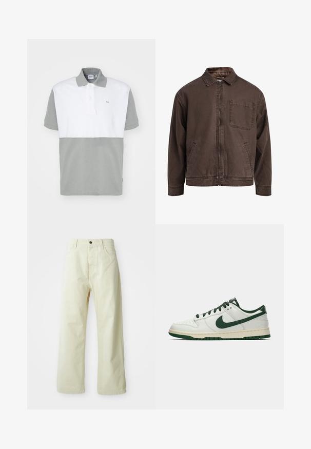 Brun, zip-up jacka gjord av slitstarkt material; har krage, lång ärm, framfickor och en bröstficka.; Kortärmad polotröja med vit överdel och salviagrön underdel. Krage med två knappar, mjukt tyg och diskret logotypdetalj.; Ljust gula, vida byxor i denim med knappstängning framtill, fem fickor och rak, odekorerad design.; Vit lågprofilsneaker med mörkgrön Nike-swoosh, snören och sulaccenter, visad i profil mot en neutral vit bakgrund.