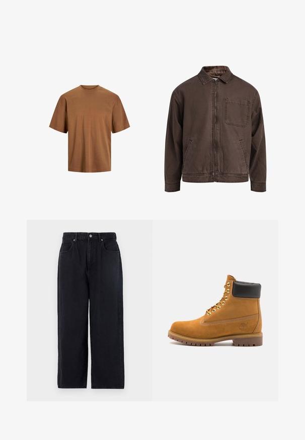 Brun, lynlåsjakke lavet af slidstærkt stof; har en krave, lange ærmer, forlommer og en enkelt brystlomme.; Brun kortærmet t-shirt lavet af bomuld. Har en klassisk rund halsudskæring og en afslappet pasform med glat tekstur og ingen synlige dekorationer.; Sorte denimbukser med lige ben, der har fem lommer, knaplukning og en ren finish. Holdbart stof med en mat tekstur.; Tan nubuck ankelstøvle med sort polstret krave, gyldne metaløjer, hvid syning detaljer og robust gummisål med udtalte slidbaner.