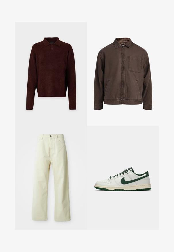 Bruine, ritssluitingjas gemaakt van duurzaam stof; heeft een kraag, lange mouwen, voorzakken en een enkele borstzak.; Bruin gebreid pullover met een polo kraag, drie knopen bij de hals en lange mouwen. Zachte textuur, geribde manchetten en zoom.; Lichtgele, wijde broek van denim, met een sluiting met voorknop, vijf zakken en een rechte, onversierde stijl.; Witte lage sneakers met een donkergroene Nike swoosh, veters en accentkleuren op de zool, weergegeven in profiel op een effen witte achtergrond.