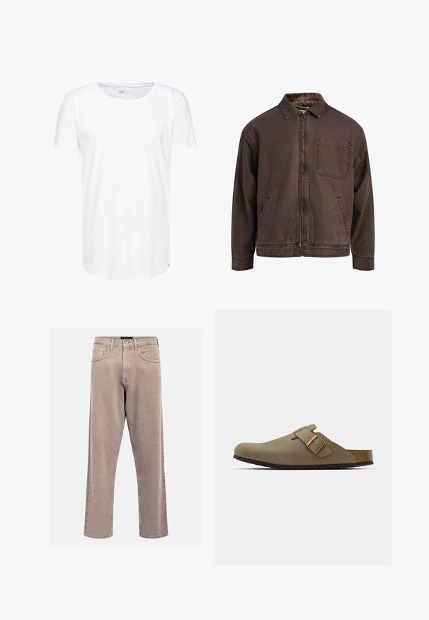 Pruun, lukuga jakk, mis on valmistatud vastupidavast kangast; sisaldab kraed, pikki varrukaid, eespool taskuid ja ühte rinna taskut.; Valge, lühikeste varrukatega t-särk, mis on valmistatud pehmest puuvillakangast. Omab ümmargust kaelust ja lõdvestunud lõiget, mille ääres on diskreetne brändi silt.; Beezid sirgedega teksased, millel on klassikaline viie tasku disain, õmblusaktsendid ja puhas ääreviimistlus.; Pruunid puukingad siledast mattviimistlusest. Külgedel on silmnähtav pronksist pandla. Kork sisetald ja kummist väljatalla mugavuse tagamiseks.