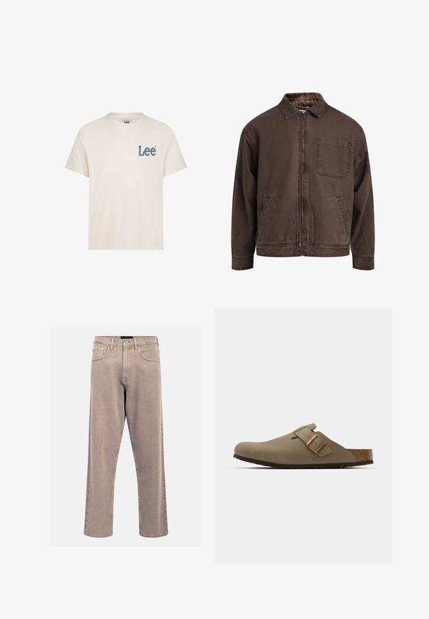 Hnědá bunda na zip vyrobená z odolné látky; má límec, dlouhé rukávy, přední kapsy a jednu kapsu na hrudi.; Lee MEDIUM WOBBLY TEE - Jednoduché tričko - ecru; Beige džíny rovného střihu vyrobené z denimu, s klasickým designem pěti kapes, prošitými akcenty a čistým zakončením nohavic.; Hnědé dřeváky s hladkým matným povrchem. Na boku mají výraznou bronzovou sponu. Korek a gumová podrážka pro pohodlí.