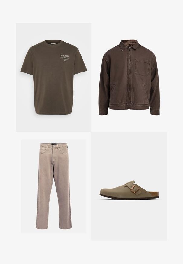 Brun zip-up jakke laget av slitesterkt stoff; har krage, lange ermer, frontlommer og en enkel brystlomme.; Brun kortermet T-skjorte laget av bomull, med rund hals og et lite hvitt grafisk trykk på venstre side.; Beige straight-leg jeans laget av denim, med et klassisk fem-lomme-design, stikkingdetaljer og en ren hemfinnish.; Brune tresko med en jevn, matte overflate. Har en fremtredende bronsebelte på siden. Korkfotseng og gummisåle for komfort.