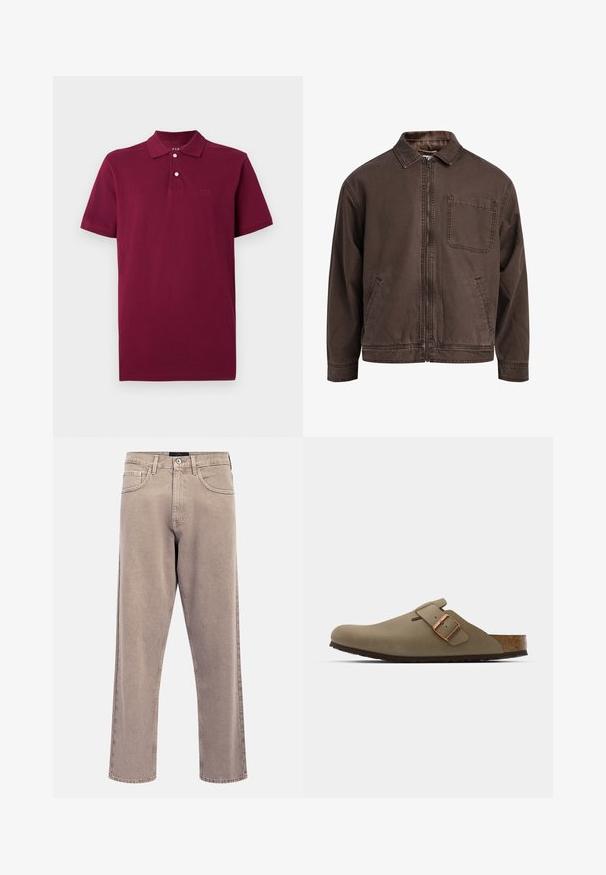 Rudas zip-up švarkas pagamintas iš patvarios medžiagos; turi apykaklę, ilgomis rankovėmis, priekinėmis kišenėmis ir viena krūtinės kišene.; Vyno raudonos spalvos polo marškiniai, pagaminti iš medvilnės, turintys dviejų mygtukų užsegimą, trumpas rankoves ir siuvinėtą logotipą ant krūtinės.; Šviesiai smėlio spalvos tiesios kojų džinsai su šiek tiek išblukusia tekstūra, penkių kišenių dizainu ir metaliniu mygtuko užsegimu. Išryškinti siuvimo detalės.; Rudos medvilniniai klumpės su lygiu, matinio paviršiaus apdaila. Yra išsiskiriantis bronzinis sagtis šone. Kamštinis padas ir gumos išorė užtikrina komfortą.