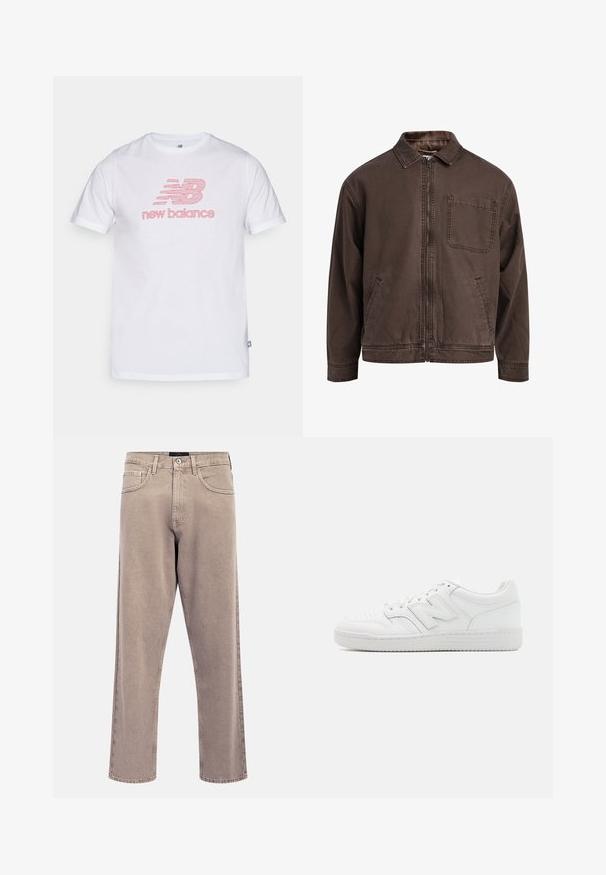 Ruskea, vetoketjullinen takki, joka on valmistettu kestävästä kankaasta; siinä on kaulus, pitkät hihat, etutaskut ja yksi rintatasku.; Valkoinen puuvillainen t-paita pyöreällä kauluksella. Edessä on vaaleanpunainen "new balance" -graafinen logo. Lyhyet hihat ja suora helma.; Vaaleanbeiget suora lahje -farkut, joissa on hieman haalistunut tekstuuri, viisipokkoinen muotoilu ja metallinen napin suljin. Korostetut saumausdetaljit.; Valkoiset tennarit, jotka on valmistettu sileästä nahasta. Niissä on perforoitu varpaat, teksturoitu kumipohja, litteät nauhat ja korostettu 'N' -logo sivussa.