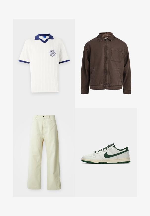 Brun, lynlåsjakke lavet af slidstærkt stof; har en krave, lange ærmer, forlommer og en enkelt brystlomme.; Hvid polo skjorte med korte ærmer og marineblå krave og kanter. Har et struktureret mønster og et marineblåt badge med "EST 1980" detalje.; Lys gule, brede benbukser lavet af denim, med foran lukning med knap, fem lommer og lige, ubearbejdet design.; Hvide lavtop sneakers med mørkegrøn Nike swoosh, snørebånd og sål accenter, vist i profil på en ensfarvet hvid baggrund.