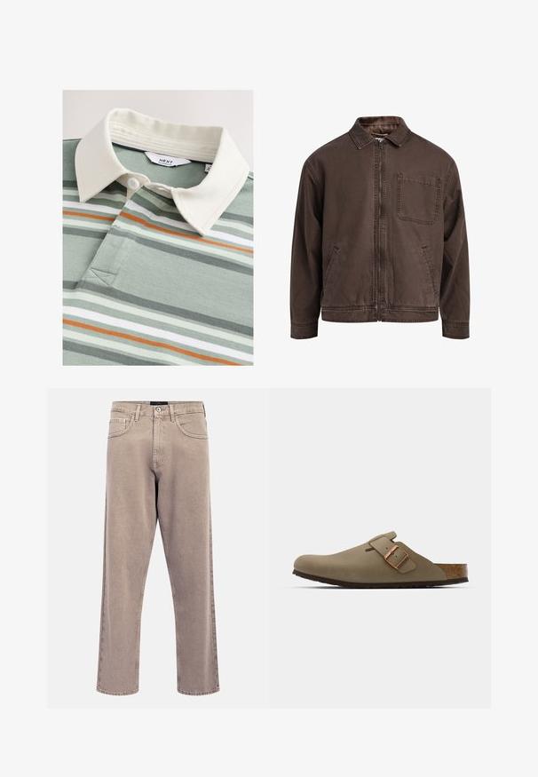 Jachetă maro, cu fermoar, realizată dintr-un material durabil; are guler, mâneci lungi, buzunare frontale și un buzunar pe piept.; Tricou polo cu guler crem, având dungi verzi și gri, accente portocalii și două nasturi lângă decolteul în V, realizat din material moale.; Blugi bej deschis cu croială dreaptă, textură ușor estompată, design cu cinci buzunare și închidere cu nasture metalic. Detalii proeminente de cusătură.; Cizme maro cu un finisaj neted, mat. Au o cataramă bronz proeminentă pe lateral. Tălpi de plută și exterior din cauciuc pentru confort.