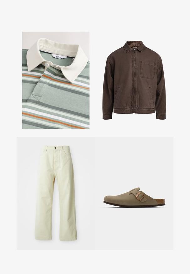 Braune, mit Reißverschluss verschlossene Jacke aus strapazierfähigem Material; sie verfügt über einen Kragen, lange Ärmel, frontale Taschen und eine einzelne Brusttasche.; Poloshirt mit einem cremefarbenen Kragen, der grüne und graue Streifen, einen orangefarbenen Akzent und zwei Knöpfe nahe einem V-Ausschnitt auf weichem Stoff aufweist.; Hellgelbe, weit geschnittene Jeanshose aus Denim mit einem vorderen Knopfverschluss, fünf Taschen und geradlinigem, unaufgeregtem Design.; Braune Clogs mit einer glatten, matten Oberfläche. Besitzt eine auffällige bronzefarbene Schnalle an der Seite. Korkfußbett und Gummisohle für Komfort.