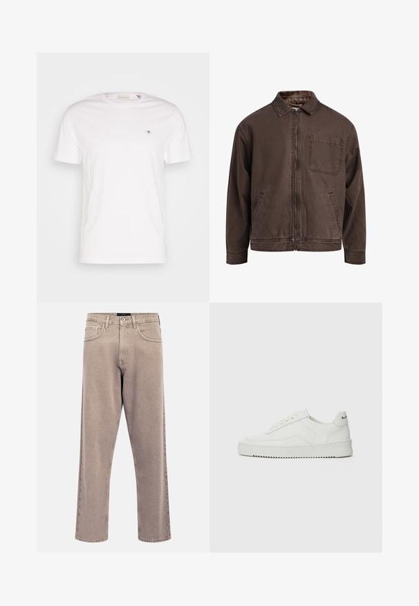 Brown, zip-up jacket made of durable fabric; features a collar, long sleeves, front pockets, and a single chest pocket.; White cotton T-shirt featuring a crew neckline, short sleeves, and a small embroidered logo on the chest. Soft texture, simple design.; Light beige straight-leg jeans with a slightly faded texture, five-pocket design, and metal button closure. Prominent stitching details.; White leather sneaker with a smooth finish, round toe, flat laces, and a textured sole. Features a subtle logo on the heel.