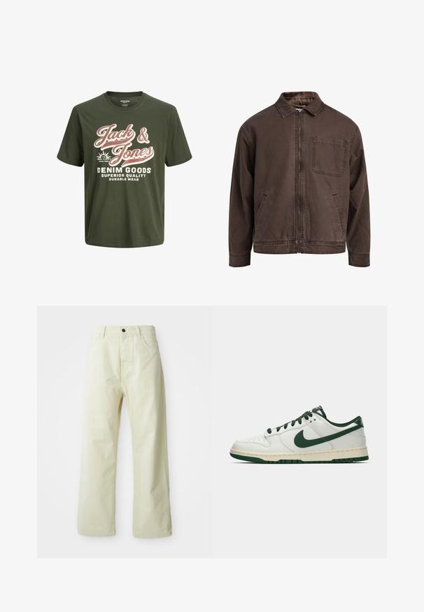 Jacket castanho, com fecho éclair, feito de tecido durável; possui colarinho, mangas longas, bolsos frontais e um único bolso no peito.; T-shirt de algodão verde com mangas curtas, decote redondo, apresentando texto grande em branco e rosa com a inscrição "Jack & Jones Denim Goods" e logótipo.; Calças largas de denim amarelo-claro, com fecho frontal por botão, cinco bolsos e um design straight sem adornos.; Sapatilha baixa branca com swoosh da Nike em verde escuro, atacadores e acentos do solado, mostrada em perfil sobre um fundo branco simples.