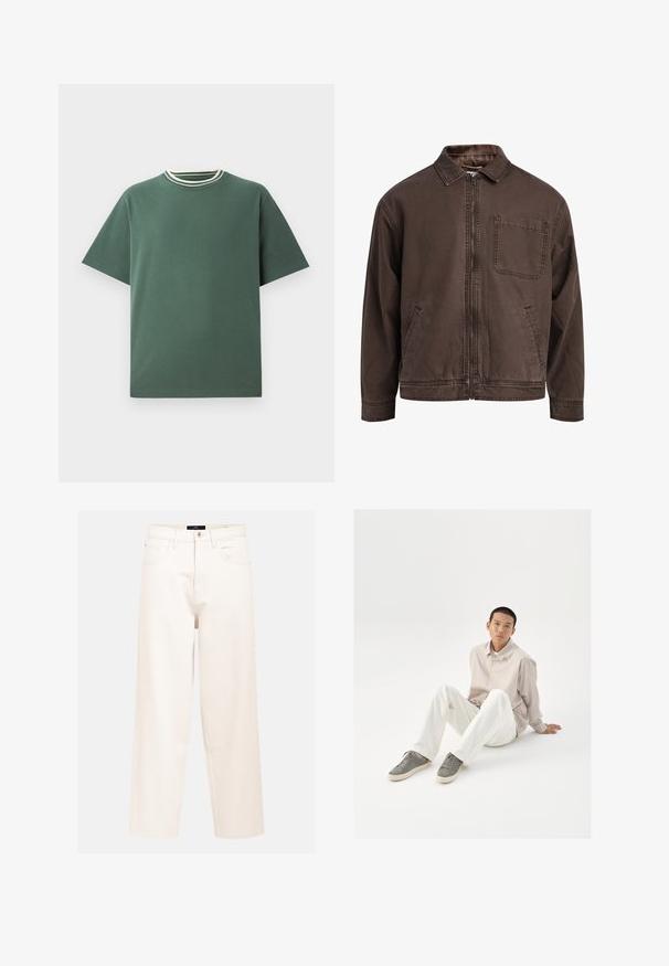 Giacca marrone con zip realizzata in tessuto resistente; presenta un colletto, maniche lunghe, tasche frontali e una tasca sul petto.; T-shirt in cotone verde con maniche corte e colletto a girocollo a costine, caratterizzato da righe bianche e verdi scure. Orlo dritto, design minimale.; Jeans ampi beige chiaro in denim di cotone con vita alta, design a cinque tasche e chiusura con un singolo bottone anteriore.; Camicia beige abbottonata, pantaloni bianchi e sneakers grigi. La camicia ha una vestibilità ampia e le sneakers presentano una superficie texture e un design con lacci.