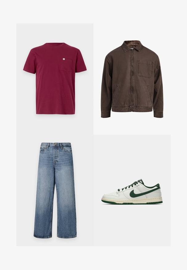 Hnedá bundu na zips vyrobená z odolnej látky; má golier, dlhé rukávy, predné vrecká a jedno vrecko na hrudi.; Bordová bavlnená tričko s okrúhlym výstrihom, krátkymi rukávmi a vreckom na ľavej strane hrude. Na vrecku je malá značka s logom.; Široké modré džínsy s vyblednutým umývaním, dizajnom s piatimi vreckami a zapínaním na gombík. S opaskovými pútkami a prešitými detailmi.; Biele nízke tenisky s tmavozeleným Nike swooshom, šnúrkami a akcentmi na podrážke, zobrazené v profile na jednoduchom bielom pozadí.