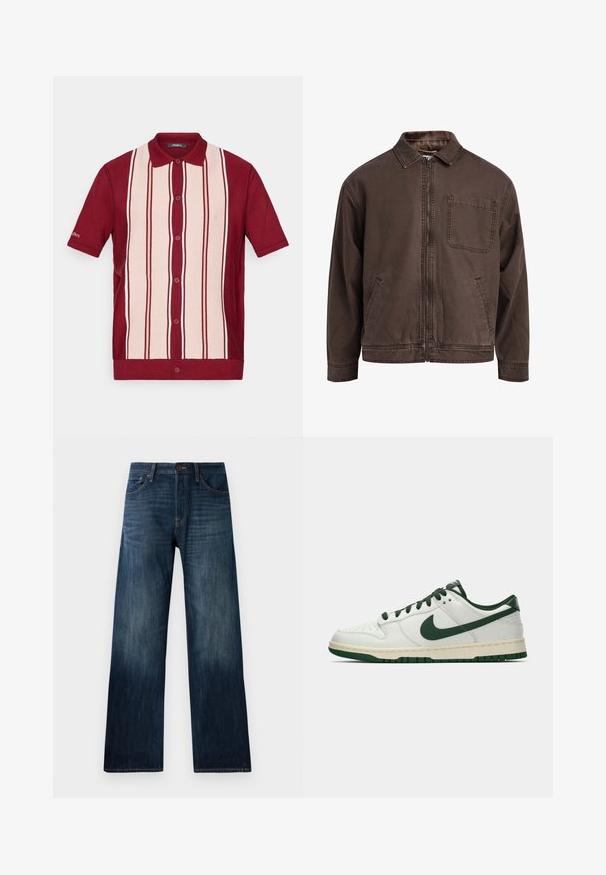 Barna, cipzáras dzseki, tartós anyagból készült; gallérral, hosszú ujjakkal, elülső zsebekkel és egyetlen mellzsebbel rendelkezik.; Rövid ujjú, gombos pólóing piros és világos bézs függőleges csíkokkal, piros gallérral, fehér háttér előtt kiemelve.; Sötétkék farmerszónia egyenes szabással, könnyű textúrával, övhurkokkal és klasszikus öt zsebes stílussal.; Fehér, alacsony szárú sneaker sötétzöld Nike swoosh-zsal, fűzőkkel és talp kiemelésekkel, profilból bemutatva egy sima fehér háttér előtt.