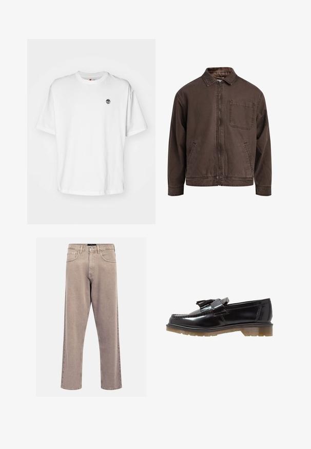Brūns, ar rāvējslēdzēju aizverams džakers, kas izgatavots no izturīga auduma; tam ir apkakle, garas piedurknes, priekšējās kabatas un viena krūškabata.; Balta kokvilnas t-krekla ar apaļu kakla izgriezumu, īsām piedurknēm un mazu melnu koka logotipu kreisajā krūtī. Mīksta auduma, brīva piegriezuma.; Bežīgas taisnas kājas džinsi, izgatavoti no denima, ar klasisku piecu kabatu dizainu, šūtām akcentiem un tīru apakšmalu apdari.; Melnas patentētas ādas loafers ar pīts dizains, pušķa akcentu un masīlu, teksturētu gumijas zoli. Sānskats uzrāda elegantu siluetu.