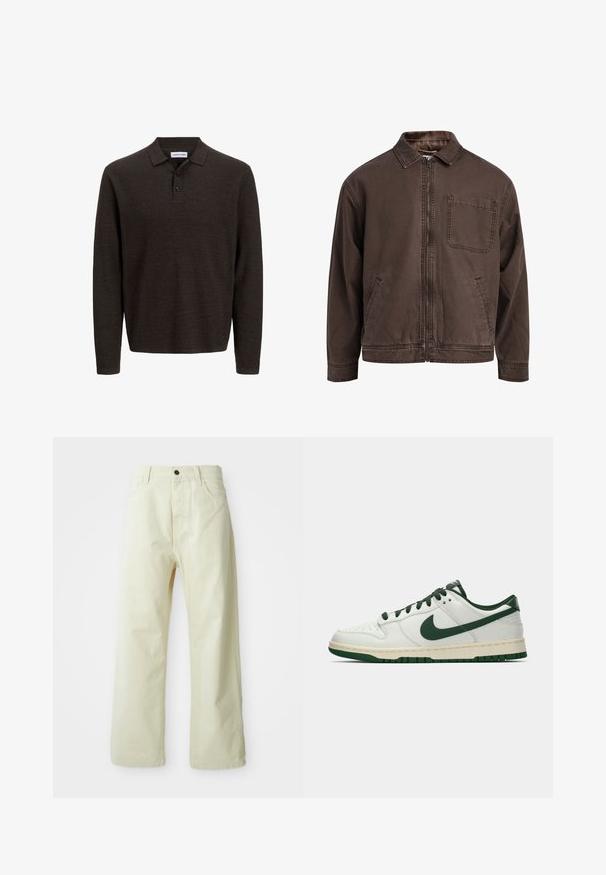 Braune, mit Reißverschluss verschlossene Jacke aus strapazierfähigem Material; sie verfügt über einen Kragen, lange Ärmel, frontale Taschen und eine einzelne Brusttasche.; Braunes Langarm-Poloshirt aus strukturiertem Stoff. Mit klassischem Kragen und drei vorderen Knöpfen. Freizeitlicher Schnitt mit gerippten Bündchen.; Hellgelbe, weit geschnittene Jeanshose aus Denim mit einem vorderen Knopfverschluss, fünf Taschen und geradlinigem, unaufgeregtem Design.; Weiße Low-Top-Sneaker mit dunkelgrüner Nike-Swoosh, Schnürsenkeln und Akzenten an der Sohle, im Profil auf einem schlichten weißen Hintergrund abgebildet.