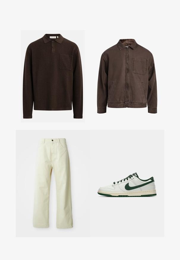 Chaqueta marrón con cremallera hecha de tela duradera; cuenta con un cuello, mangas largas, bolsillos frontales y un único bolsillo en el pecho.; Polo de manga larga marrón con un patrón de zigzag texturizado, que cuenta con una tapeta de tres botones y un bolsillo en el pecho. Hecho de tela de punto.; Pantalones de mezclilla de color amarillo claro y de pierna ancha, con cierre de botón frontal, cinco bolsillos y un diseño recto, sin adornos.; Zapatilla de deporte blanca de caña baja con el swoosh de Nike en verde oscuro, lazadas y acentos en la suela, mostrada de perfil sobre un fondo blanco liso.