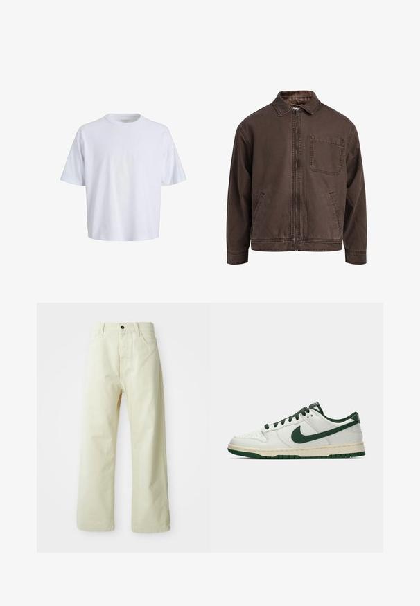 Hnědá bunda na zip vyrobená z odolné látky; má límec, dlouhé rukávy, přední kapsy a jednu kapsu na hrudi.; Bílý bavlněný tričko s kulatým výstřihem, krátkými rukávy a uvolněným střihem. Hladká textura a minimalistický design bez viditelných vzorů nebo akcentů.; Svetle žluté kalhoty s širokými nohavicemi z denimu, s předním zapínáním na knoflíky, pěti kapsami a rovnými, nezdobenými nohavicemi.; Bílé nízké tenisky s tmavě zeleným logem Nike, tkaničkami a akcenty podešve, zobrazené v profilu na čistě bílém pozadí.