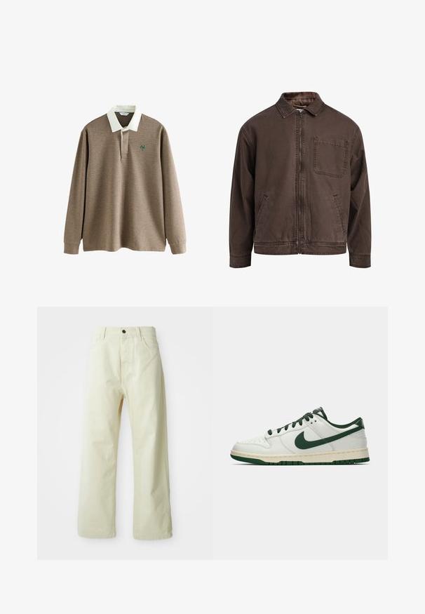 Bruine, ritssluitingjas gemaakt van duurzaam stof; heeft een kraag, lange mouwen, voorzakken en een enkele borstzak.; Lange mouw polo shirt in een bruine en crème houndstoothpatroon met een witte kraag en een groen logo op de borst. Zachte stofstructuur.; Lichtgele, wijde broek van denim, met een sluiting met voorknop, vijf zakken en een rechte, onversierde stijl.; Witte lage sneakers met een donkergroene Nike swoosh, veters en accentkleuren op de zool, weergegeven in profiel op een effen witte achtergrond.