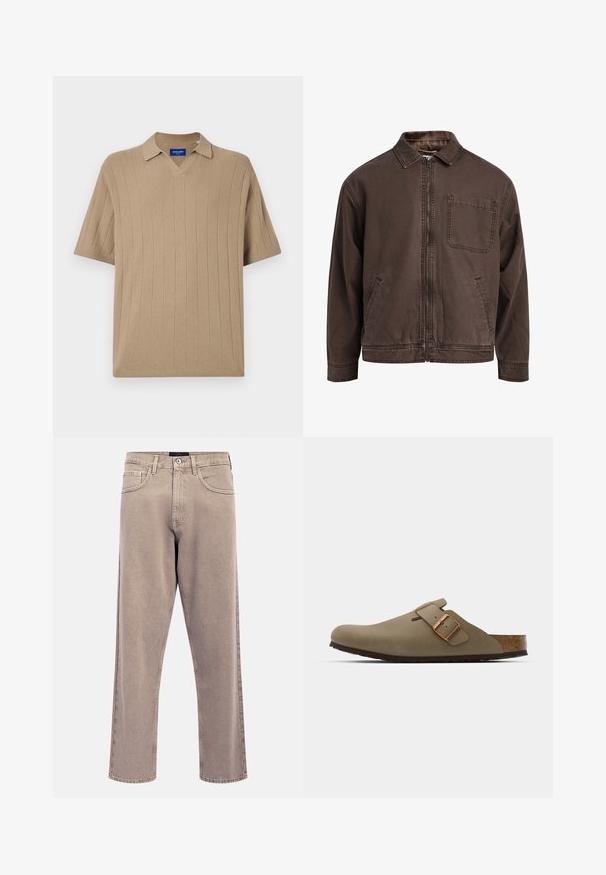 Brun, lynlåsjakke lavet af slidstærkt stof; har en krave, lange ærmer, forlommer og en enkelt brystlomme.; Jack & Jones JORVARENNA SPLIT NECK - Poloshirts - silver sage; Lyse beige jeans med lige ben, en let falmet tekstur, design med fem lommer og lukning med metalknap. Fremtrædende syningsdetaljer.; Brune træskor med en glat, mat finish. Har en fremtrædende bronze spænde på siden. Korkfodbed og gummisål for komfort.