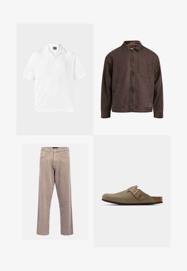 Brun zip-up jakke laget av slitesterkt stoff; har krage, lange ermer, frontlommer og en enkel brystlomme.; Kortermet, hvit polo-skjorte laget av teksturert stoff med vertikal ribbing; har klassisk krage og rett kant.; Beige straight-leg jeans laget av denim, med et klassisk fem-lomme-design, stikkingdetaljer og en ren hemfinnish.; Brune tresko med en jevn, matte overflate. Har en fremtredende bronsebelte på siden. Korkfotseng og gummisåle for komfort.