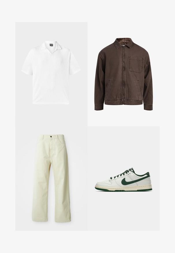 Barna, cipzáras dzseki, tartós anyagból készült; gallérral, hosszú ujjakkal, elülső zsebekkel és egyetlen mellzsebbel rendelkezik.; Rövid ujjú, fehér polo póló, texturált anyagból, függőleges bordázással; klasszikus gallérral és egyenes aljjal rendelkezik.; Világos sárga, bő szárú farmernadrág, elöl gombos záródással, öt zsebbel és egyenes, díszítetlen kialakítással.; Fehér, alacsony szárú sneaker sötétzöld Nike swoosh-zsal, fűzőkkel és talp kiemelésekkel, profilból bemutatva egy sima fehér háttér előtt.