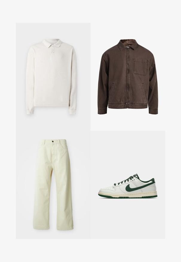 Brown, zip-up jacket made of durable fabric; features a collar, long sleeves, front pockets, and a single chest pocket.; Long-sleeve polo shirt in off-white, made from soft fabric. Features a classic collar, three buttons, and ribbed cuffs. Smooth texture.; Light yellow, wide-leg trousers made of denim, featuring a front button closure, five pockets, and straight, unembellished design.; White low-top sneaker with dark green Nike swoosh, laces, and sole accents, shown in profile on a plain white background.