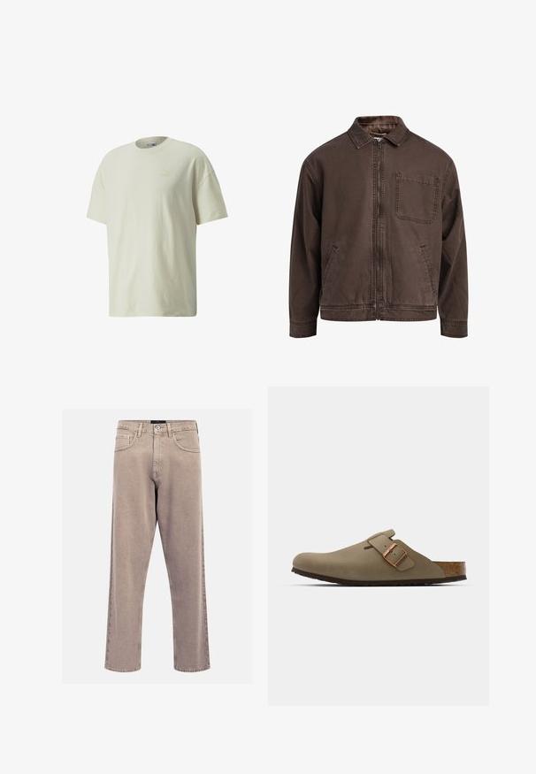 Brązowa, zapinana na zamek kurtka z wytrzymałego materiału; posiada kołnierz, długie rękawy, przednie kieszenie oraz jedną kieszeń na piersi.; Kremowy bawełniany t-shirt z klasycznym okrągłym dekoltem, krótkimi rękawami oraz subtelnym logo Puma w jaśniejszym odcieniu na klatce piersiowej.; Beżowe dżinsy o prostym kroju, wykonane z denimu, z klasycznym pięciopocketowym wzorem, przeszyciami oraz wykończeniem dolnej krawędzi.; Brązowe chodaki o gładkim, matowym wykończeniu. Posiadają wyraźną mosiężną klamrę z boku. Korkowa wkładka i gumowa podeszwa dla wygody.