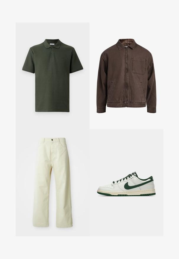 Jacket castanho, com fecho éclair, feito de tecido durável; possui colarinho, mangas longas, bolsos frontais e um único bolso no peito.; Polo de cor verde escura feito de tecido texturizado. Apresenta um colarinho, dois botões e um pequeno logotipo no peito. Mangas curtas.; Calças largas de denim amarelo-claro, com fecho frontal por botão, cinco bolsos e um design straight sem adornos.; Sapatilha baixa branca com swoosh da Nike em verde escuro, atacadores e acentos do solado, mostrada em perfil sobre um fundo branco simples.