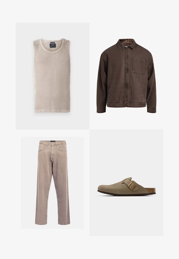 Hnedá bundu na zips vyrobená z odolnej látky; má golier, dlhé rukávy, predné vrecká a jedno vrecko na hrudi.; Béžová rebrovaná tielko s okrúhlym výstrihom, bez rukávov a mäkkou textúrou. Štítok našitý vo vnútri v oblasti krku, čistý lem.; Béžové rovné džínsy vyrobené z denimu, s klasickým dizajnom piatich vreciek, prešitými detailami a čistým ukončením lemu.; Hnedé dreváky s hladkým, matným povrchom. Majú výrazná bronzová spona na boku. Korková stielka a gumová podošva pre pohodlie.